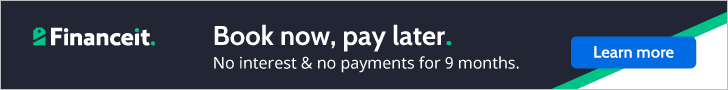 Financeit Book Now, Pay Later banner with Learn More button offering no interest and no payments for 9 months.