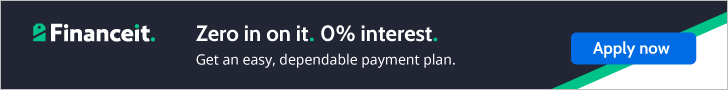 Financeit 0% interest payment plan banner with Apply Now button for easy roofing and siding financing.